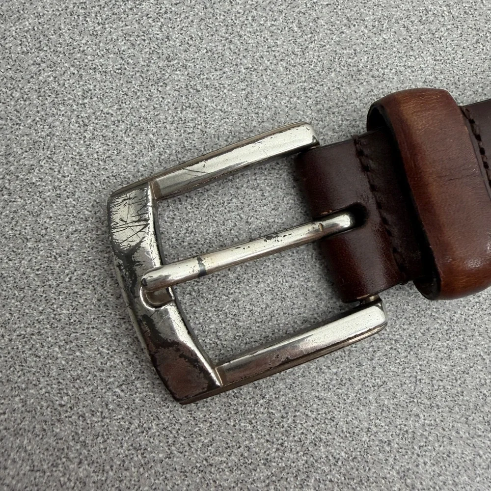 Fossil Belt Mens 38 Brown Woven Leather Classic Silver Buckle Distressed Casual